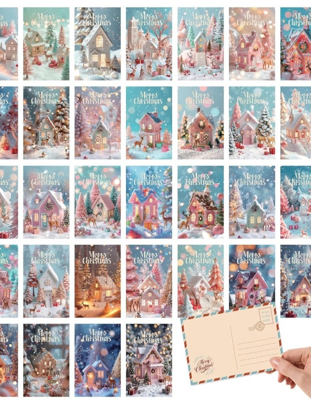 32 Christmas Dreamy Snow Cottage Pattern Postcards